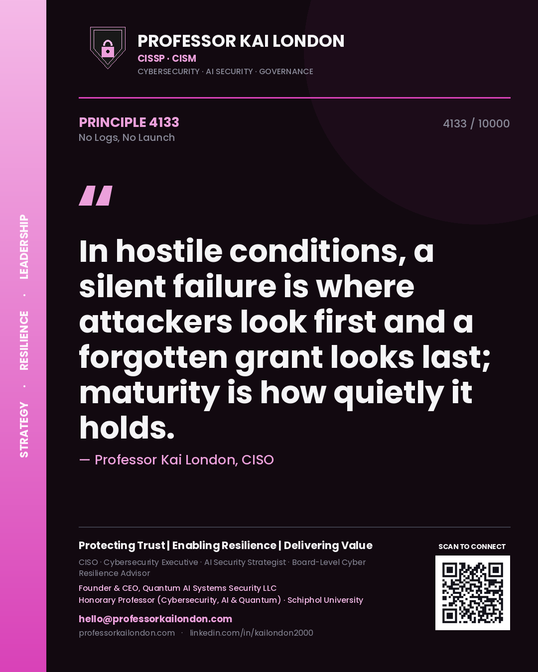 Quote card by Professor Kai London reading 'In hostile conditions, a silent failure is where attackers look first and a forgotten grant looks last; maturity is how quietly it holds.'. From the book No Logs, No Launch.