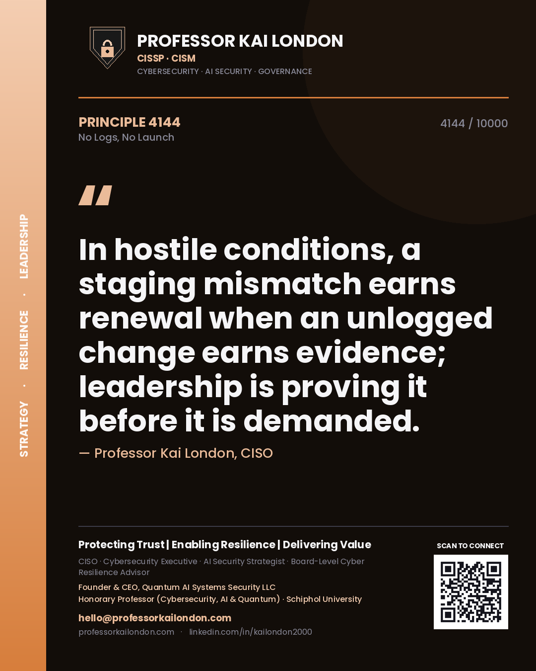 Professor Kai London principle 4144: In hostile conditions, a staging mismatch earns renewal when an unlogged change earns evidence; leadership is proving it before it is demanded.