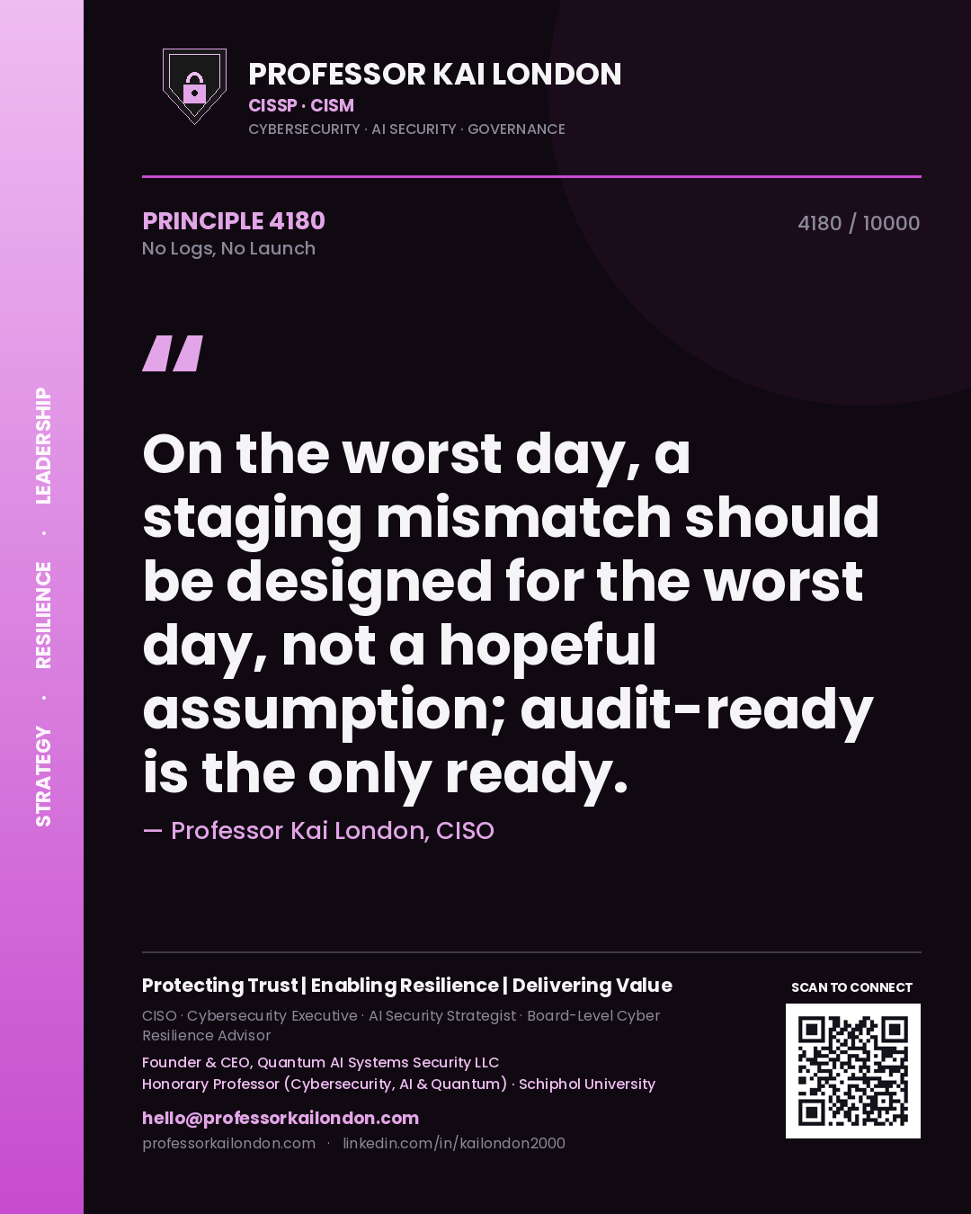 Professor Kai London principle 4180: On the worst day, a staging mismatch should be designed for the worst day, not a hopeful assumption; audit-ready is the only ready.