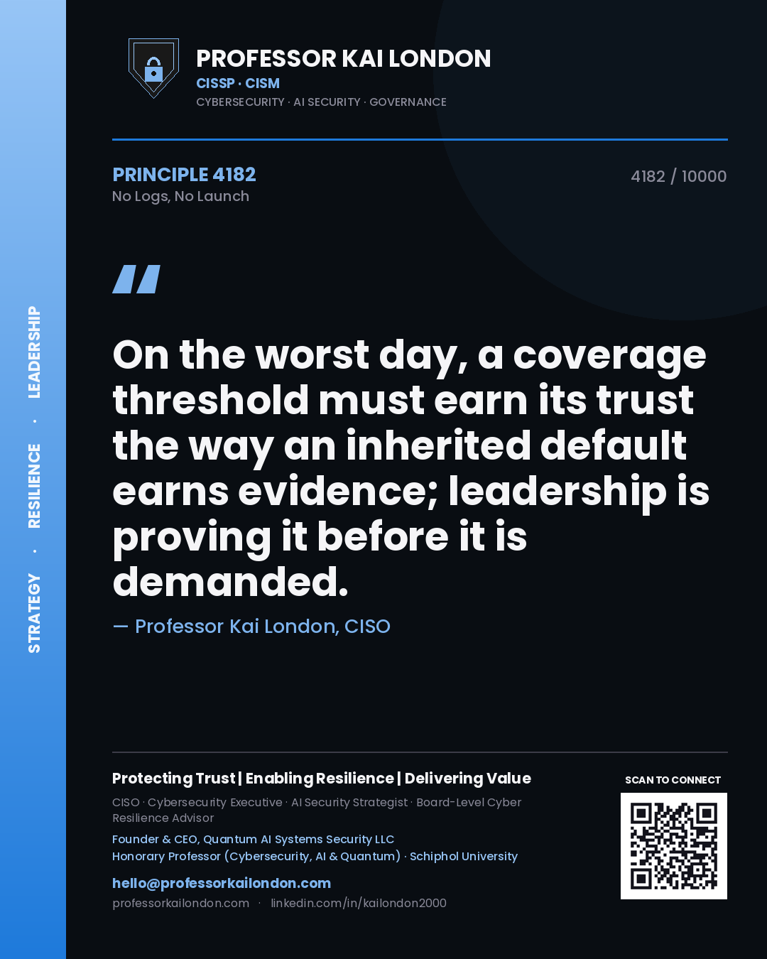 Professor Kai London principle 4182: On the worst day, a coverage threshold must earn its trust the way an inherited default earns evidence; leadership is proving it before it is demanded.