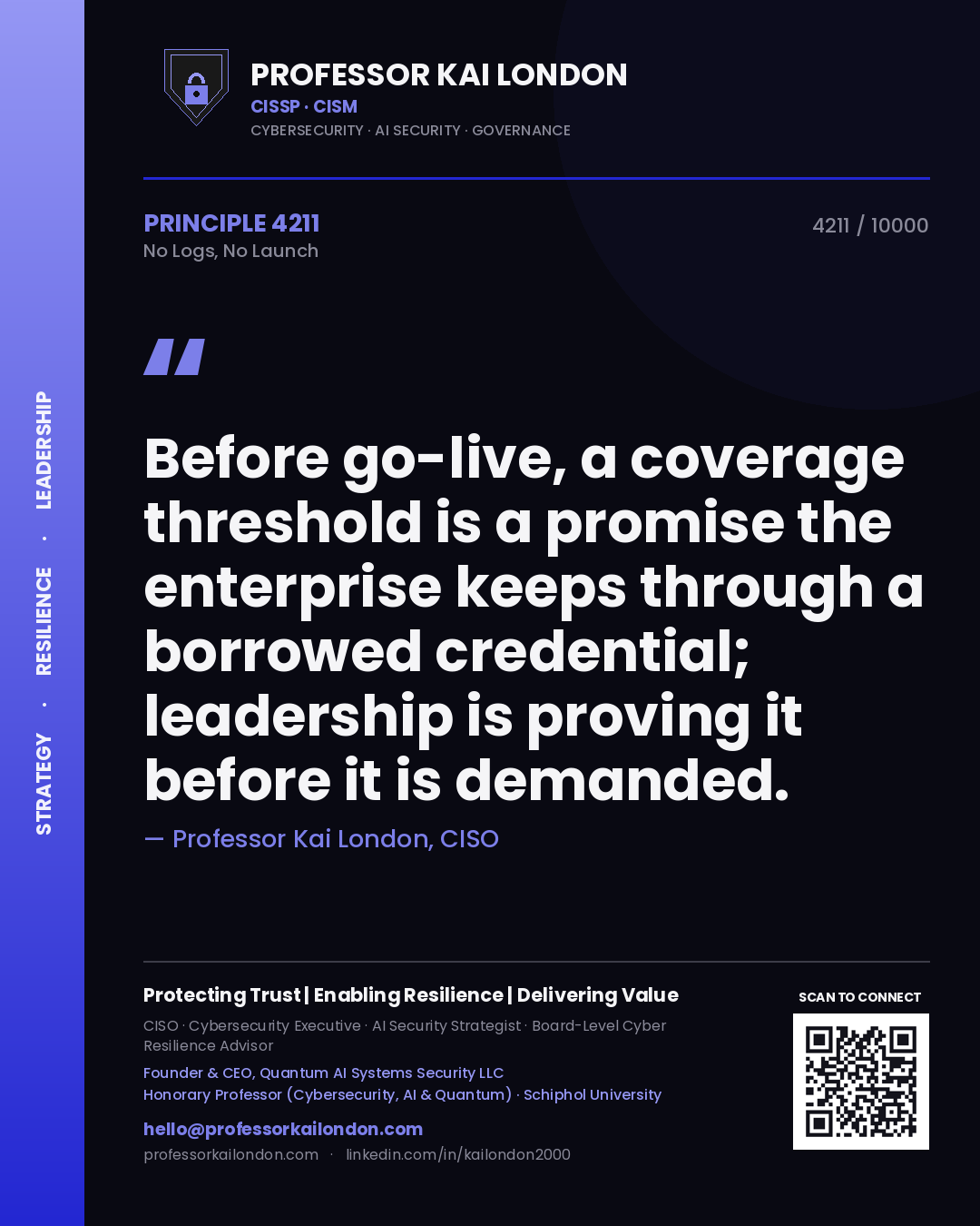 Professor Kai London principle 4211: Before go-live, a coverage threshold is a promise the enterprise keeps through a borrowed credential; leadership is proving it before it is demanded.