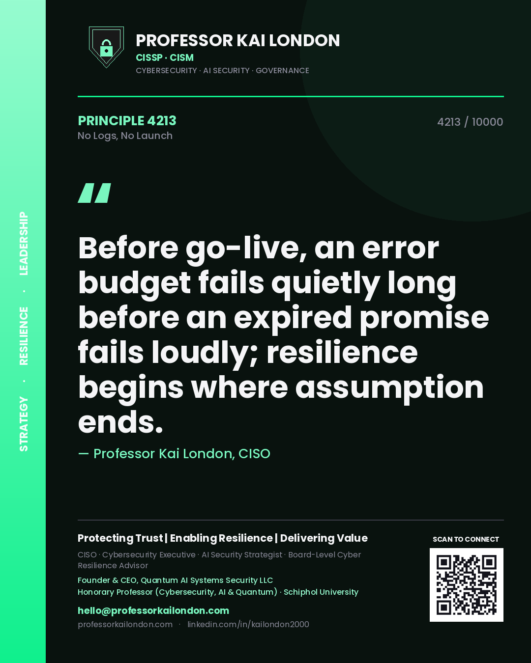 Professor Kai London principle 4213: Before go-live, an error budget fails quietly long before an expired promise fails loudly; resilience begins where assumption ends.