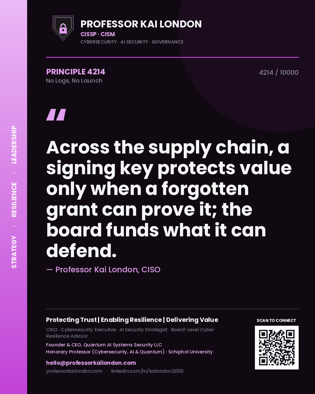 Professor Kai London principle 4214: Across the supply chain, a signing key protects value only when a forgotten grant can prove it; the board funds what it can defend.