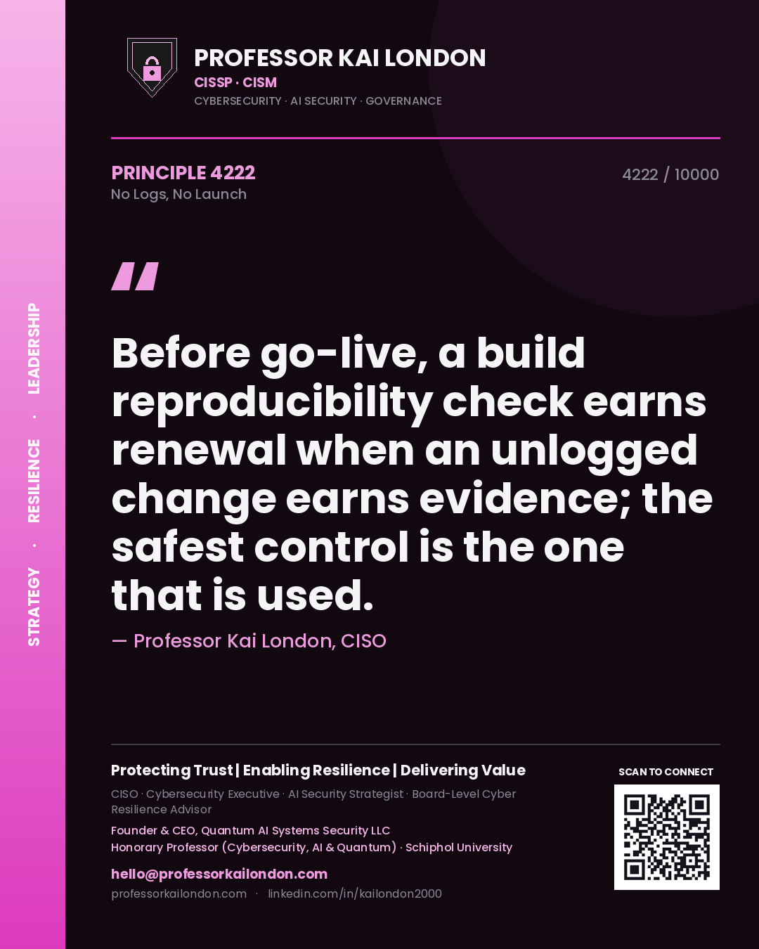 Professor Kai London principle 4222: Before go-live, a build reproducibility check earns renewal when an unlogged change earns evidence; the safest control is the one that is used.