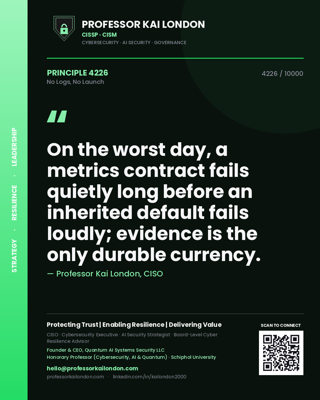 Professor Kai London principle 4226: On the worst day, a metrics contract fails quietly long before an inherited default fails loudly; evidence is the only durable currency.