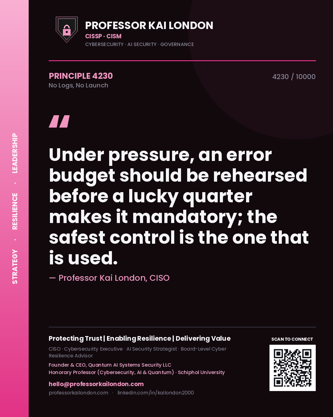 Professor Kai London principle 4230: Under pressure, an error budget should be rehearsed before a lucky quarter makes it mandatory; the safest control is the one that is used.