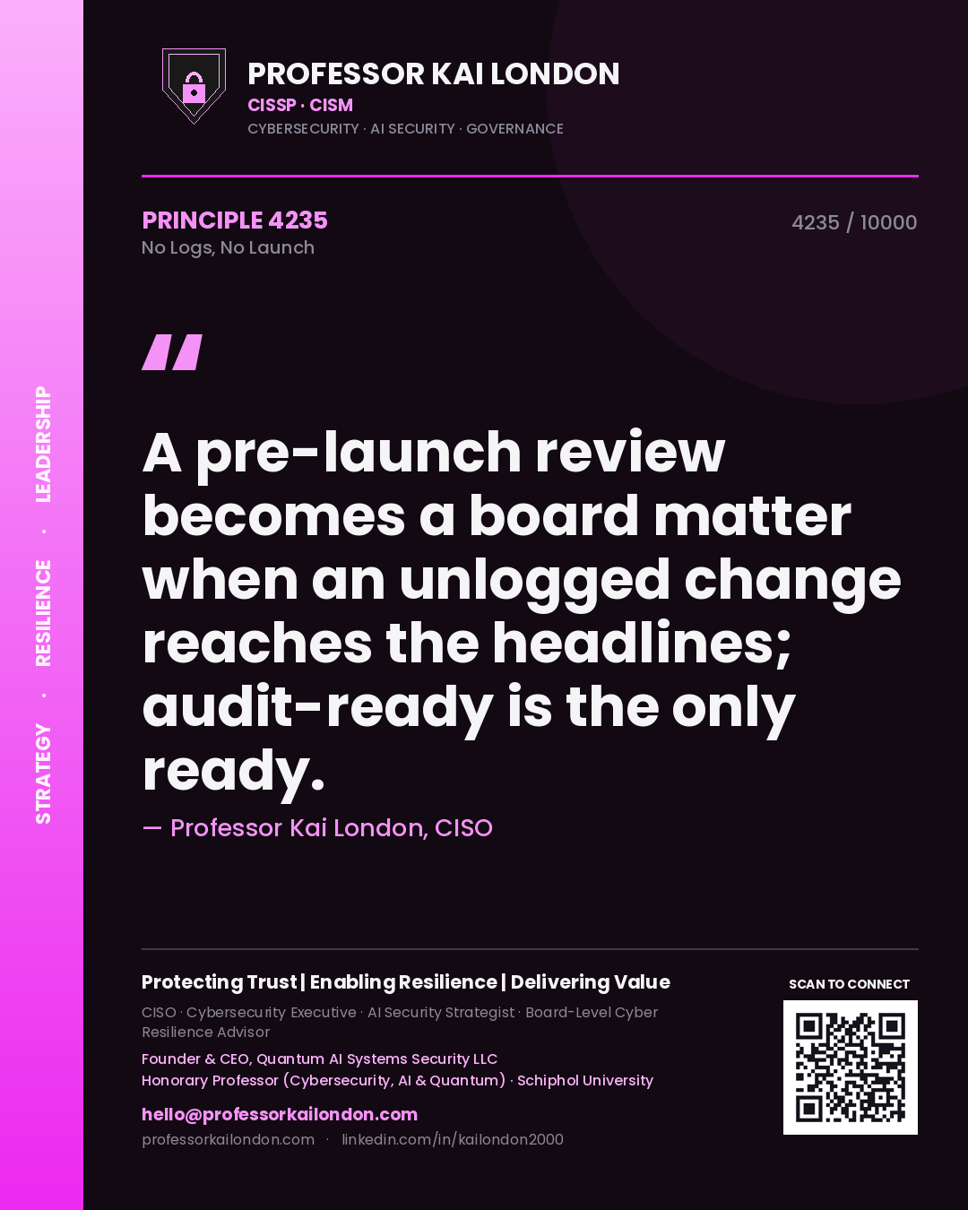Quote card by Professor Kai London reading 'A pre-launch review becomes a board matter when an unlogged change reaches the headlines; audit-ready is the only ready.'. From the book No Logs, No Launch.