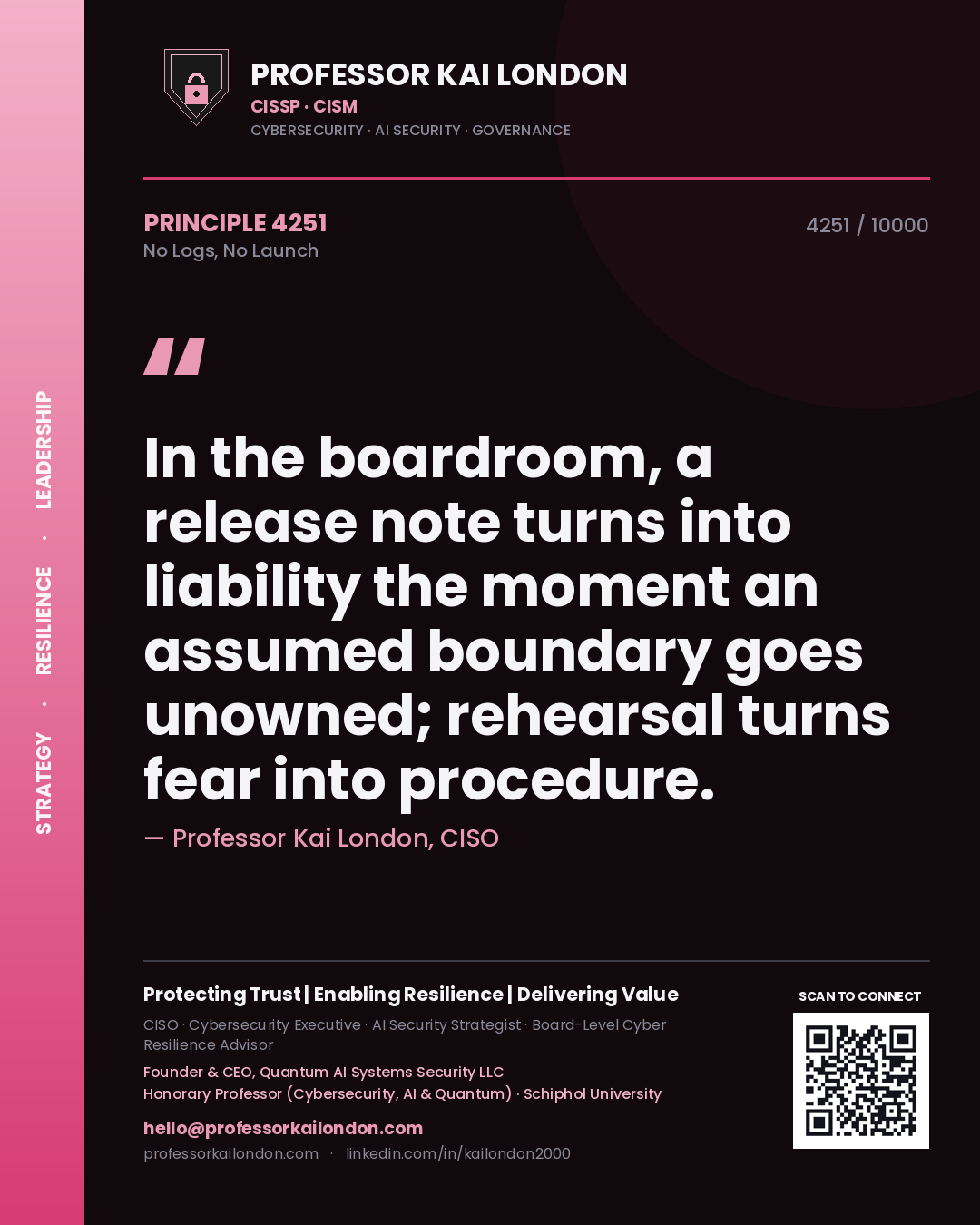 Quote card by Professor Kai London reading 'In the boardroom, a release note turns into liability the moment an assumed boundary goes unowned; rehearsal turns fear into procedure.'. From the book No Logs, No Launch.