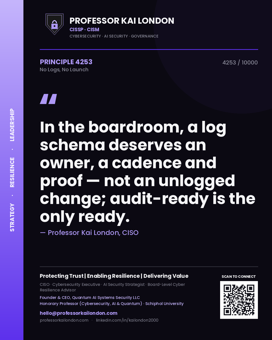 Professor Kai London principle 4253: In the boardroom, a log schema deserves an owner, a cadence and proof — not an unlogged change; audit-ready is the only ready.