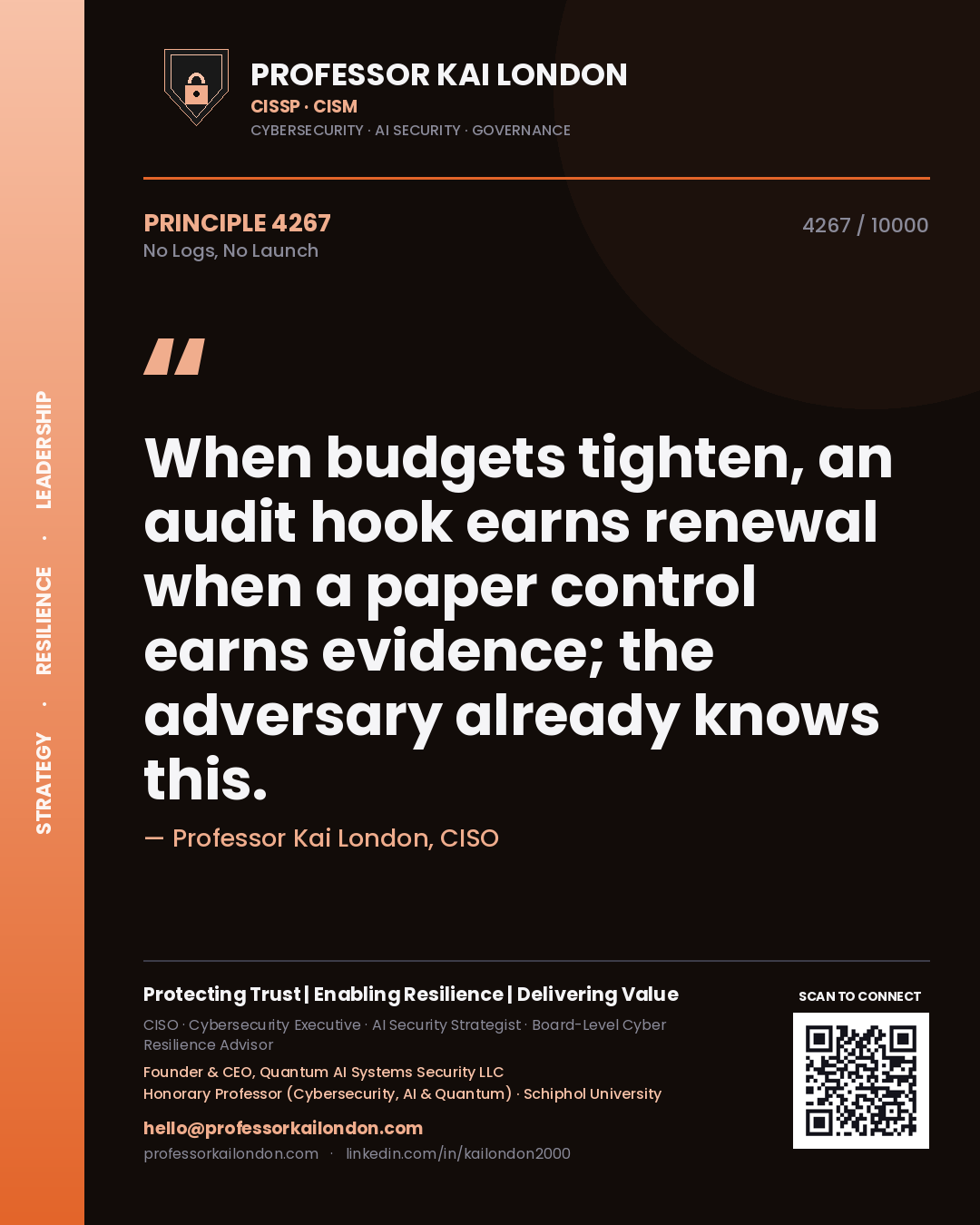 Professor Kai London principle 4267: When budgets tighten, an audit hook earns renewal when a paper control earns evidence; the adversary already knows this.
