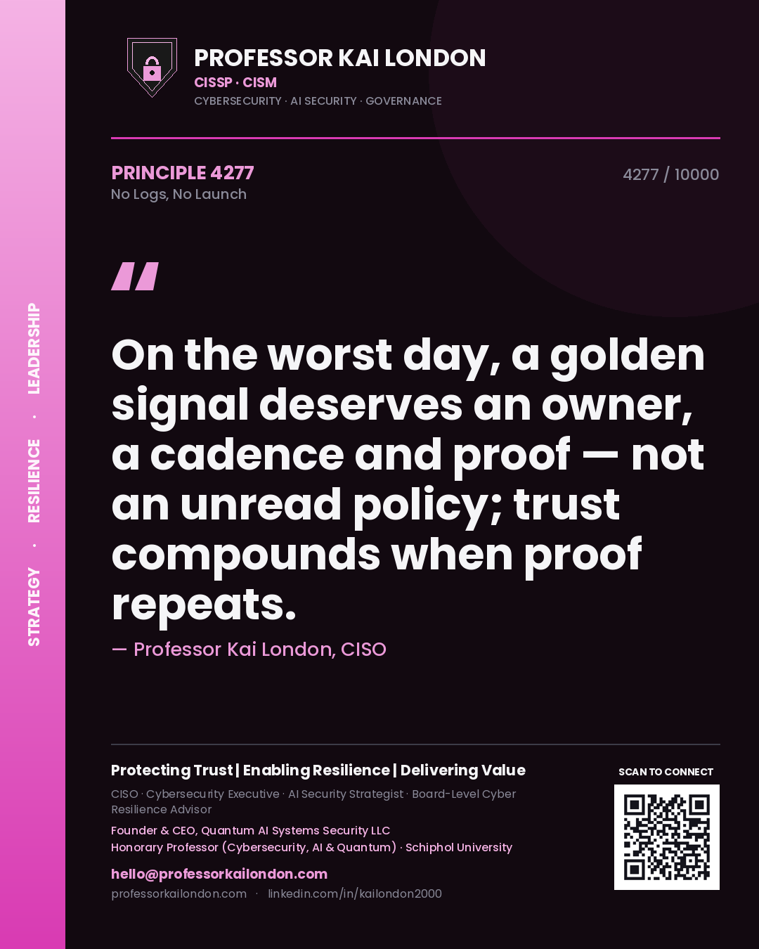 Professor Kai London principle 4277: On the worst day, a golden signal deserves an owner, a cadence and proof — not an unread policy; trust compounds when proof repeats.