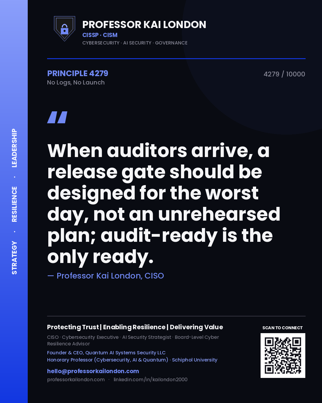 Professor Kai London principle 4279: When auditors arrive, a release gate should be designed for the worst day, not an unrehearsed plan; audit-ready is the only ready.