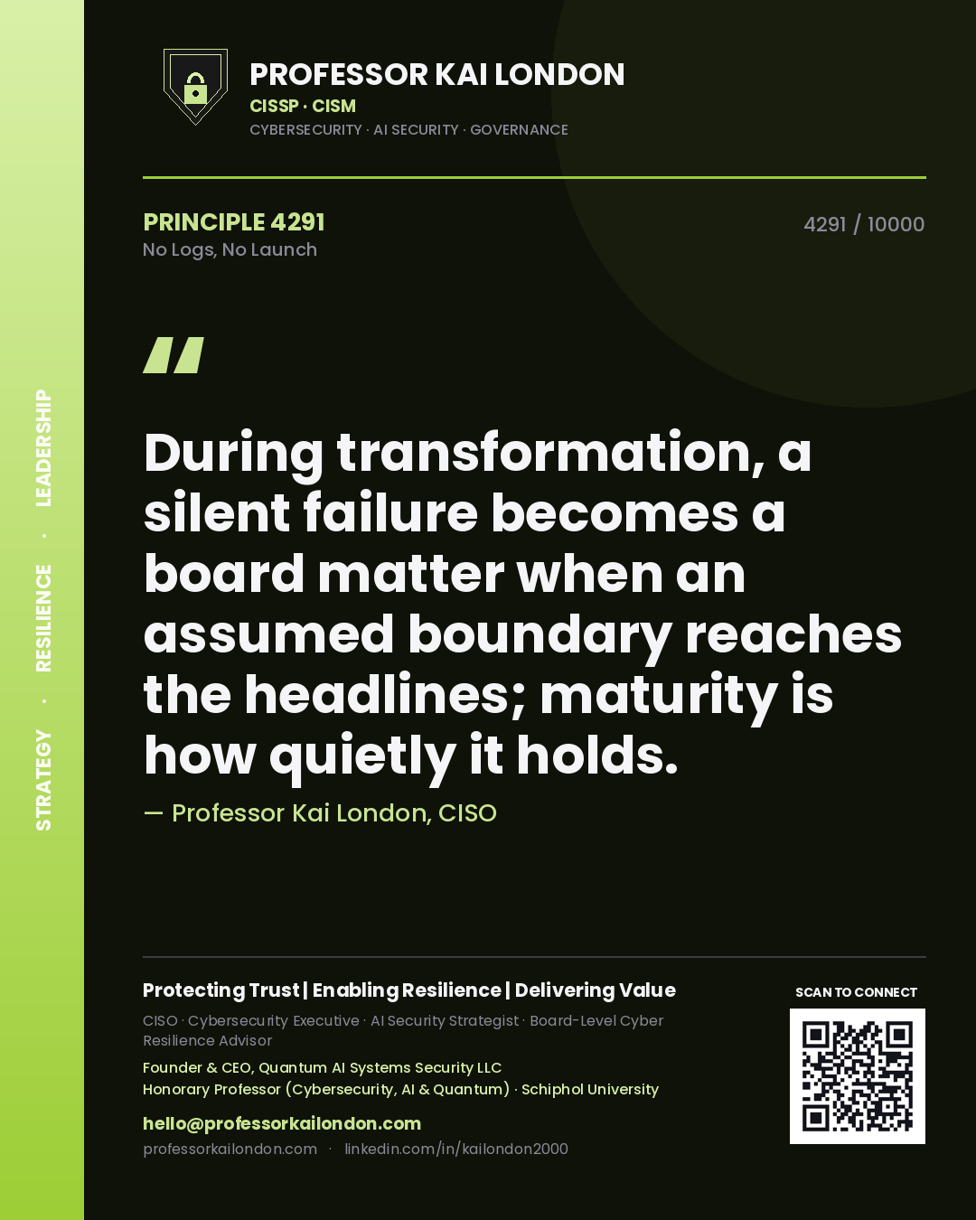 Quote card by Professor Kai London reading 'During transformation, a silent failure becomes a board matter when an assumed boundary reaches the headlines; maturity is how quietly it holds.'. From the book No Logs, No Launch.
