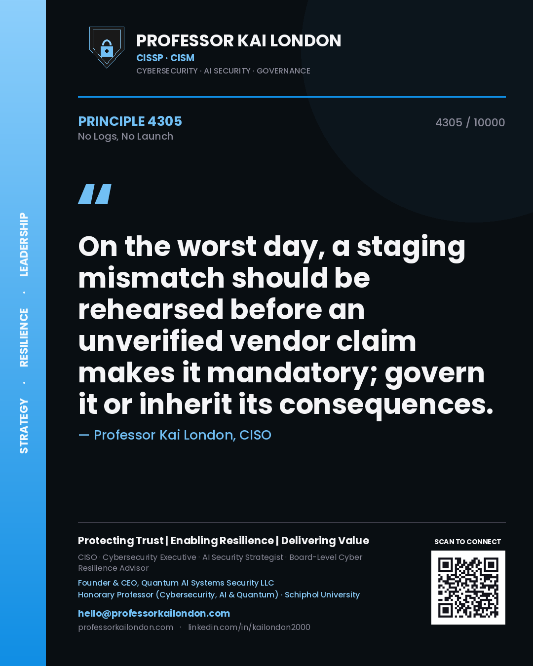 Quote card by Professor Kai London reading 'On the worst day, a staging mismatch should be rehearsed before an unverified vendor claim makes it mandatory; govern it or inherit its consequences.'. From the book No Logs, No Launch.