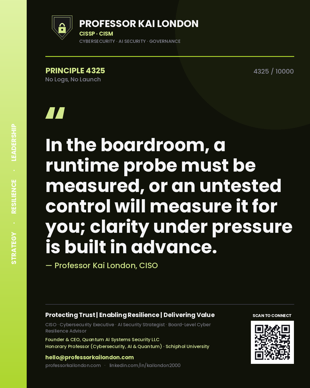 Professor Kai London principle 4325: In the boardroom, a runtime probe must be measured, or an untested control will measure it for you; clarity under pressure is built in advance.