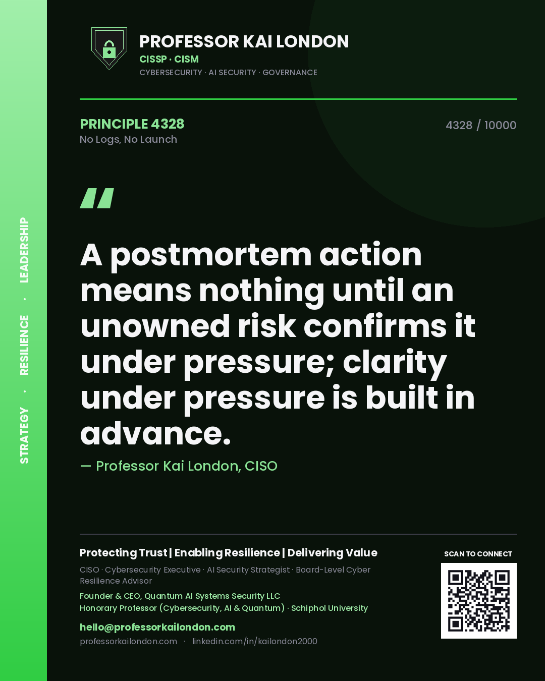 Professor Kai London principle 4328: A postmortem action means nothing until an unowned risk confirms it under pressure; clarity under pressure is built in advance.