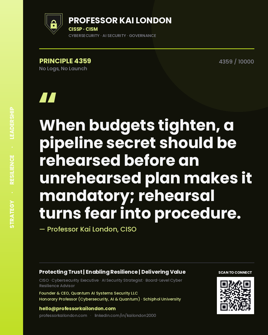 Professor Kai London principle 4359: When budgets tighten, a pipeline secret should be rehearsed before an unrehearsed plan makes it mandatory; rehearsal turns fear into procedure.