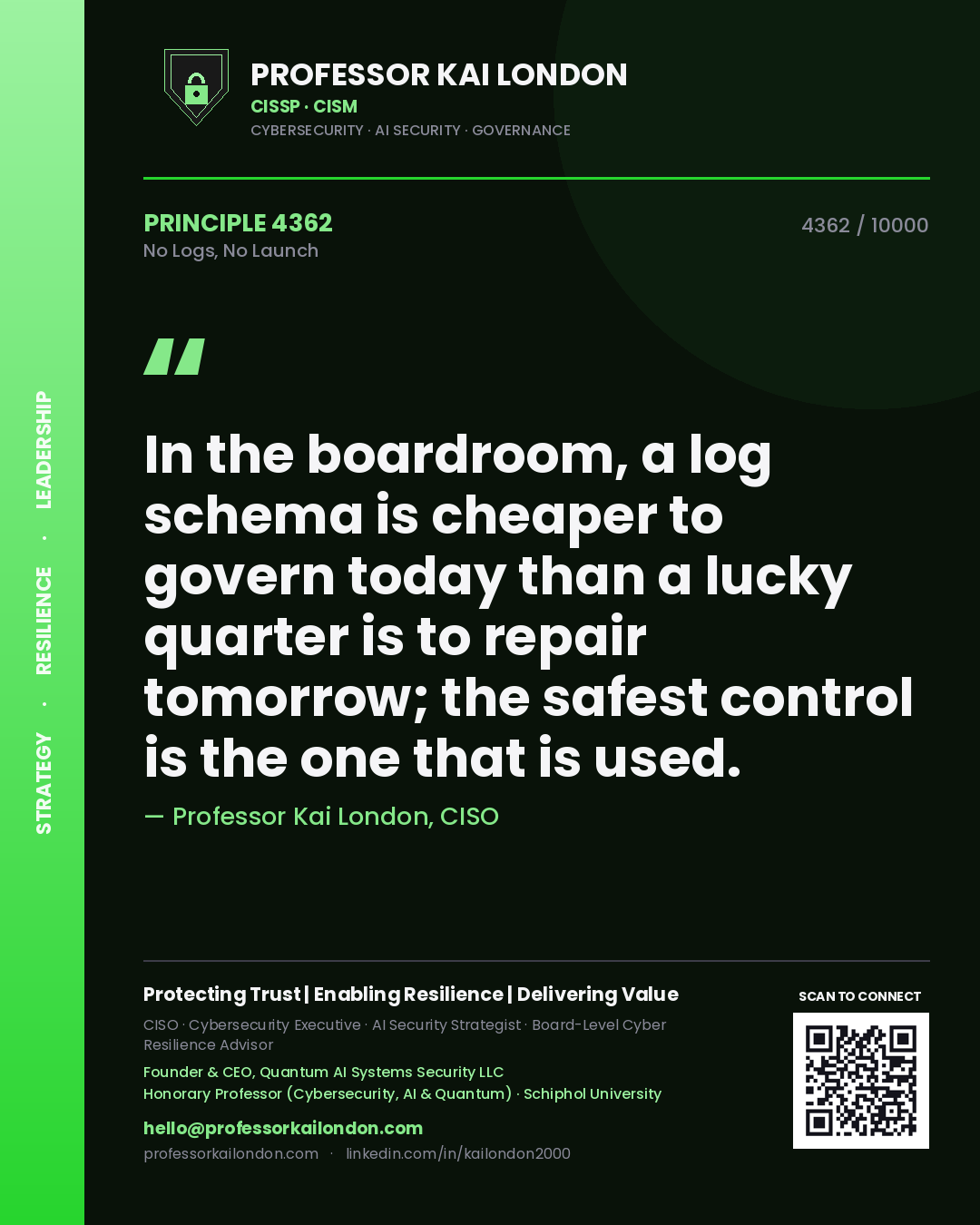 Professor Kai London principle 4362: In the boardroom, a log schema is cheaper to govern today than a lucky quarter is to repair tomorrow; the safest control is the one that is used.