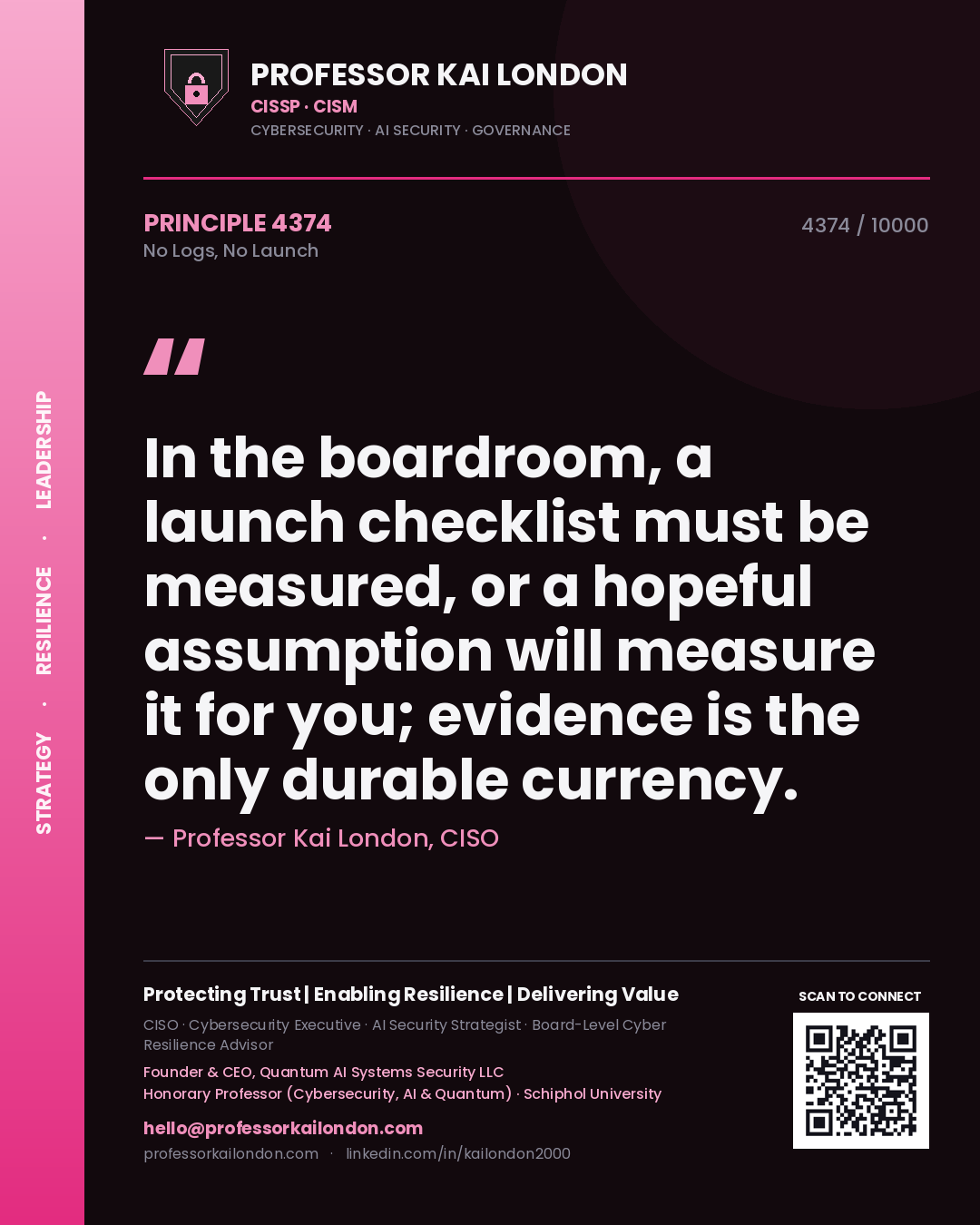 Quote card by Professor Kai London reading 'In the boardroom, a launch checklist must be measured, or a hopeful assumption will measure it for you; evidence is the only durable currency.'. From the book No Logs, No Launch.