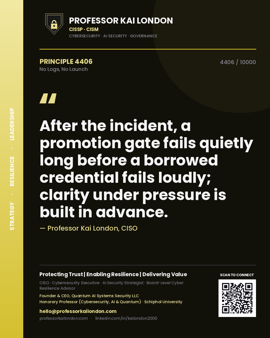Professor Kai London principle 4406: After the incident, a promotion gate fails quietly long before a borrowed credential fails loudly; clarity under pressure is built in advance.