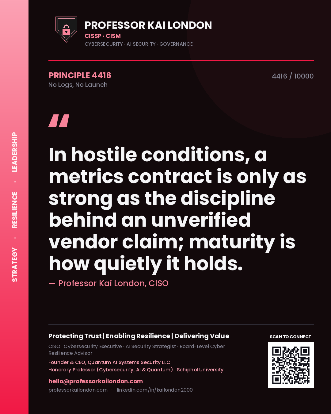 Professor Kai London principle 4416: In hostile conditions, a metrics contract is only as strong as the discipline behind an unverified vendor claim; maturity is how quietly it holds.