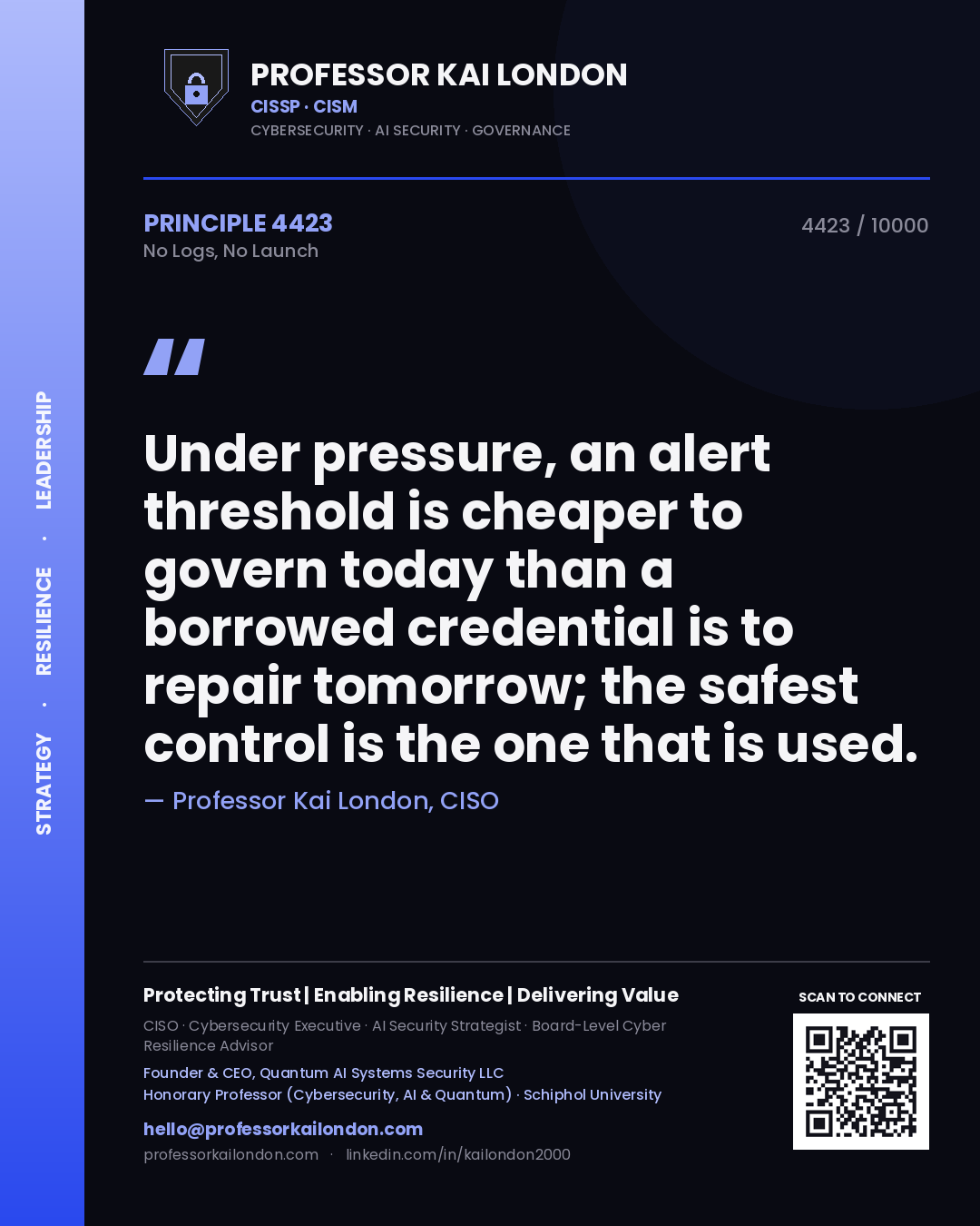 Professor Kai London principle 4423: Under pressure, an alert threshold is cheaper to govern today than a borrowed credential is to repair tomorrow; the safest control is the one that is used.