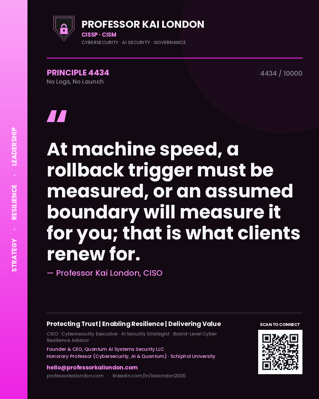 Quote card by Professor Kai London reading 'At machine speed, a rollback trigger must be measured, or an assumed boundary will measure it for you; that is what clients renew for.'. From the book No Logs, No Launch.