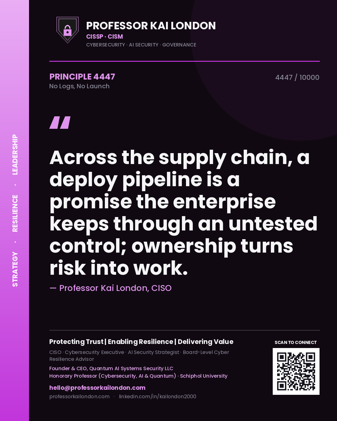 Professor Kai London principle 4447: Across the supply chain, a deploy pipeline is a promise the enterprise keeps through an untested control; ownership turns risk into work.