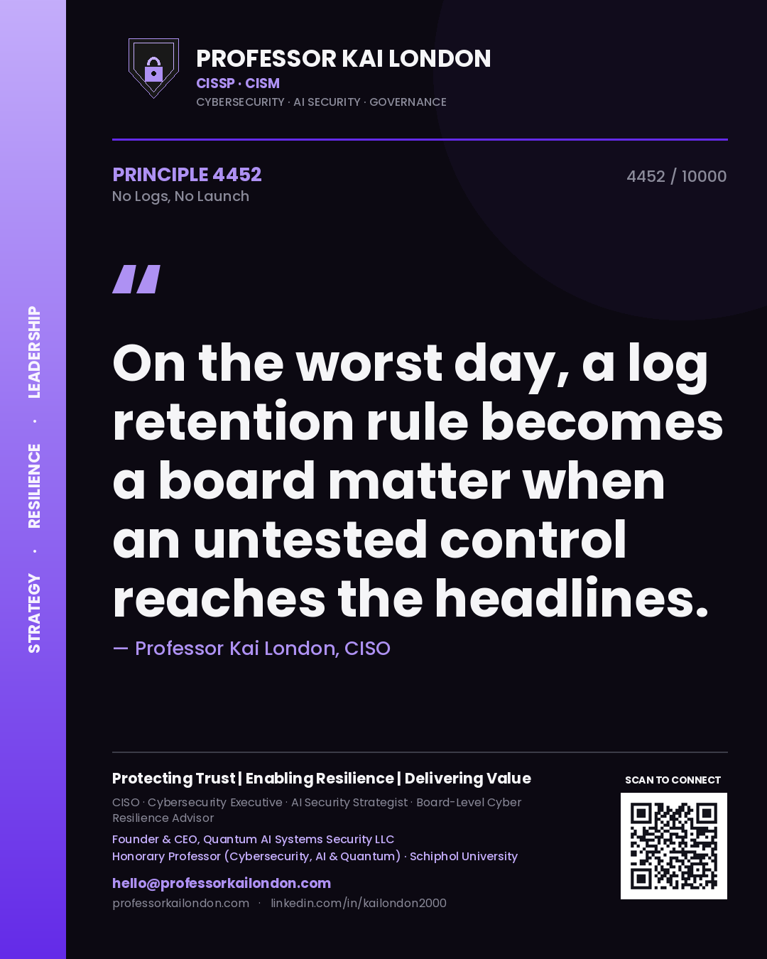 Professor Kai London principle 4452: On the worst day, a log retention rule becomes a board matter when an untested control reaches the headlines.