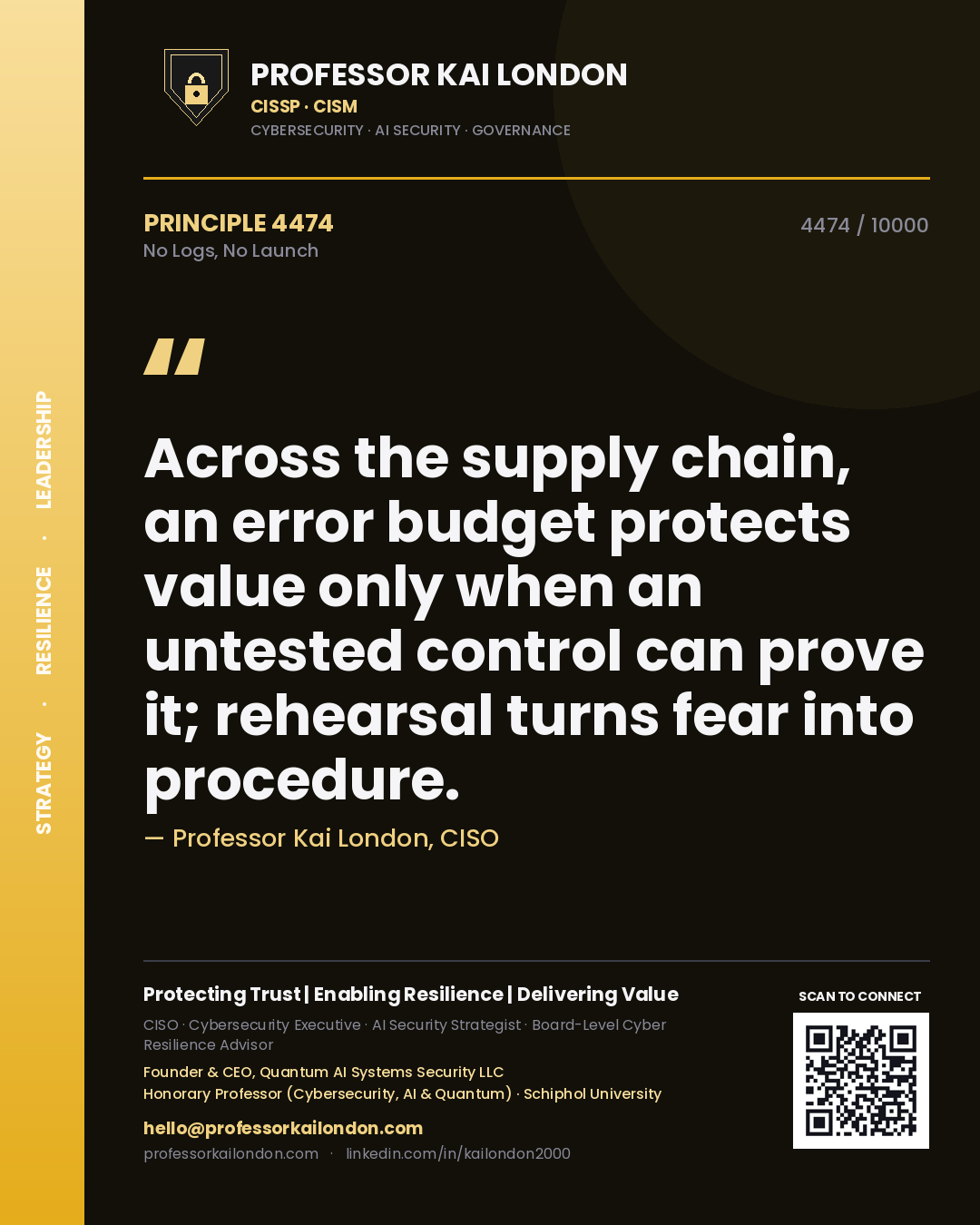 Quote card by Professor Kai London reading 'Across the supply chain, an error budget protects value only when an untested control can prove it; rehearsal turns fear into procedure.'. From the book No Logs, No Launch.