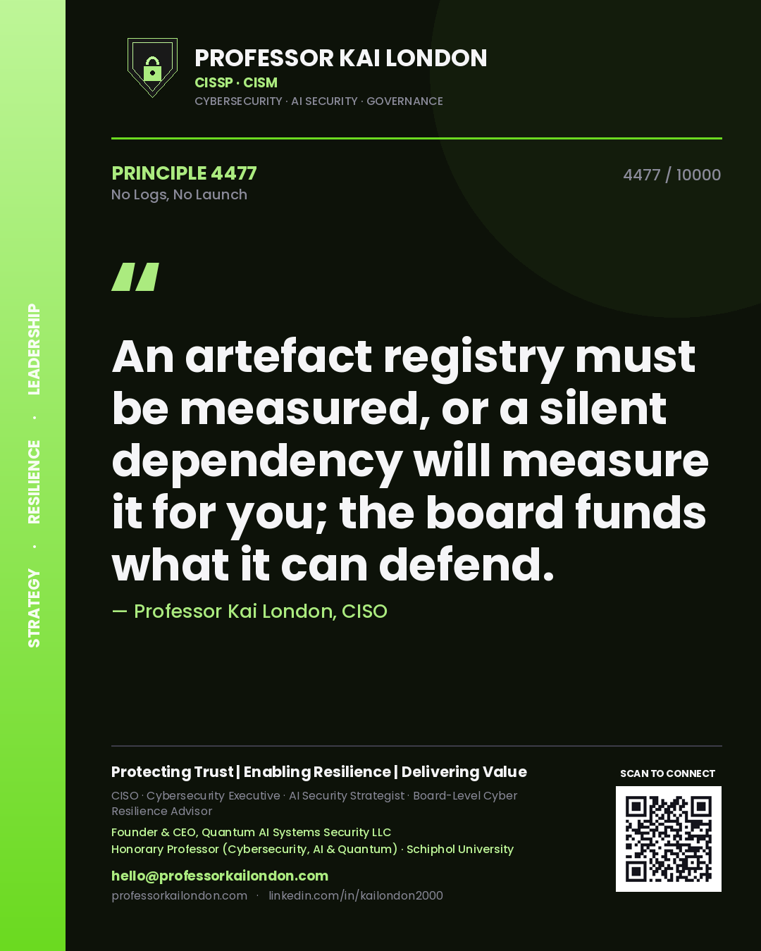 Quote card by Professor Kai London reading 'An artefact registry must be measured, or a silent dependency will measure it for you; the board funds what it can defend.'. From the book No Logs, No Launch.