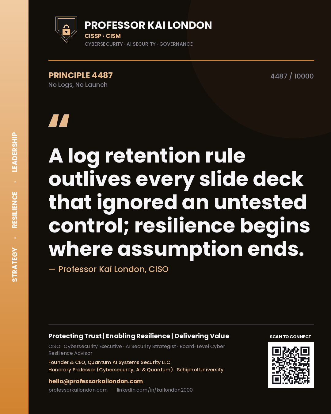 Professor Kai London principle 4487: A log retention rule outlives every slide deck that ignored an untested control; resilience begins where assumption ends.