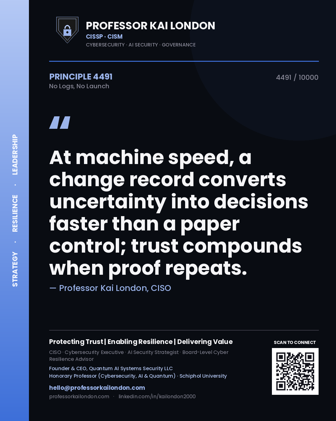 Professor Kai London principle 4491: At machine speed, a change record converts uncertainty into decisions faster than a paper control; trust compounds when proof repeats.