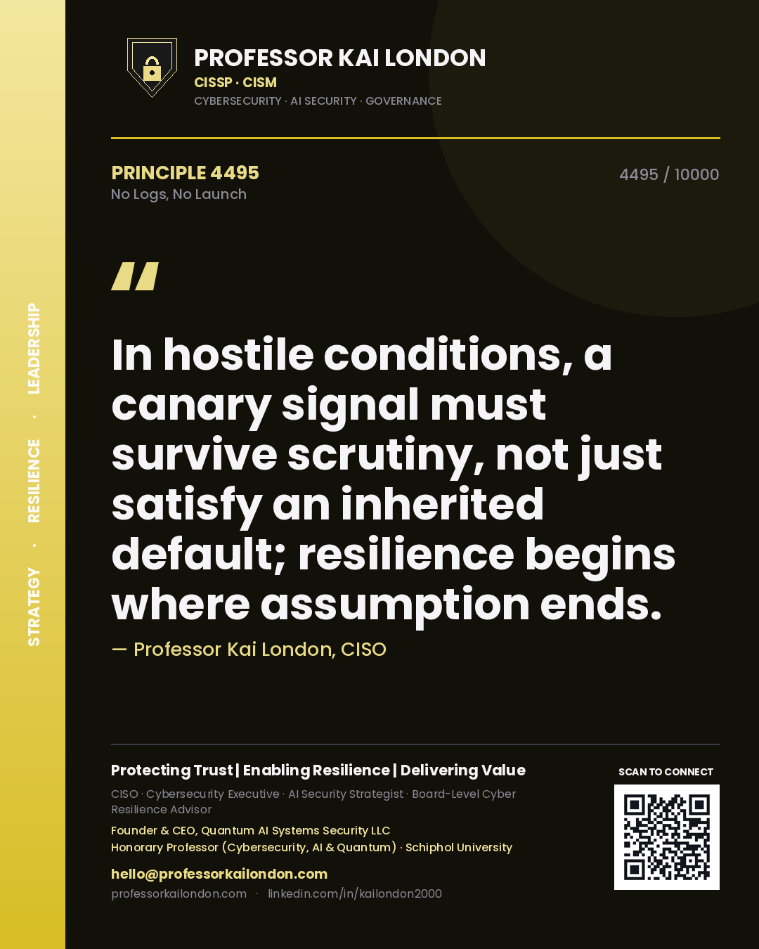 Quote card by Professor Kai London reading 'In hostile conditions, a canary signal must survive scrutiny, not just satisfy an inherited default; resilience begins where assumption ends.'. From the book No Logs, No Launch.