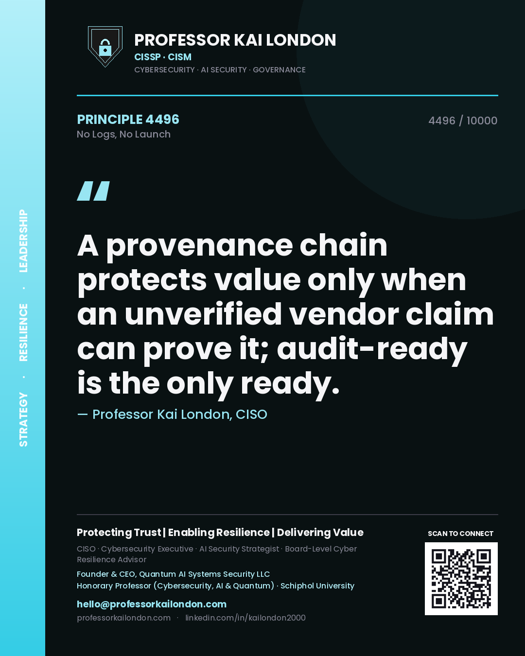 Professor Kai London principle 4496: A provenance chain protects value only when an unverified vendor claim can prove it; audit-ready is the only ready.