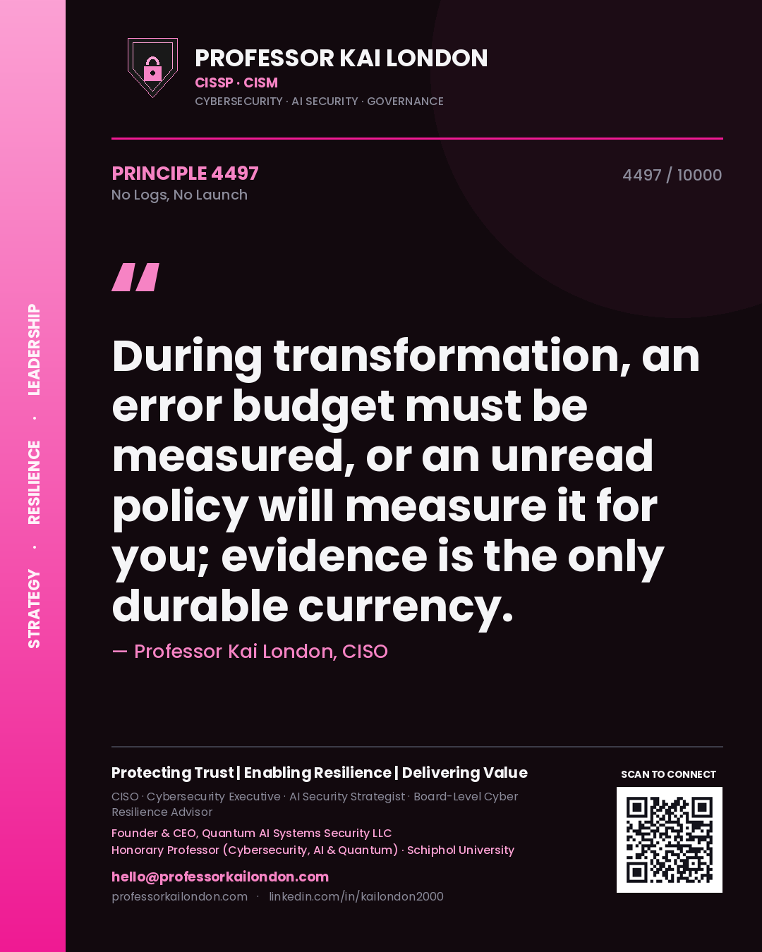 Professor Kai London principle 4497: During transformation, an error budget must be measured, or an unread policy will measure it for you; evidence is the only durable currency.