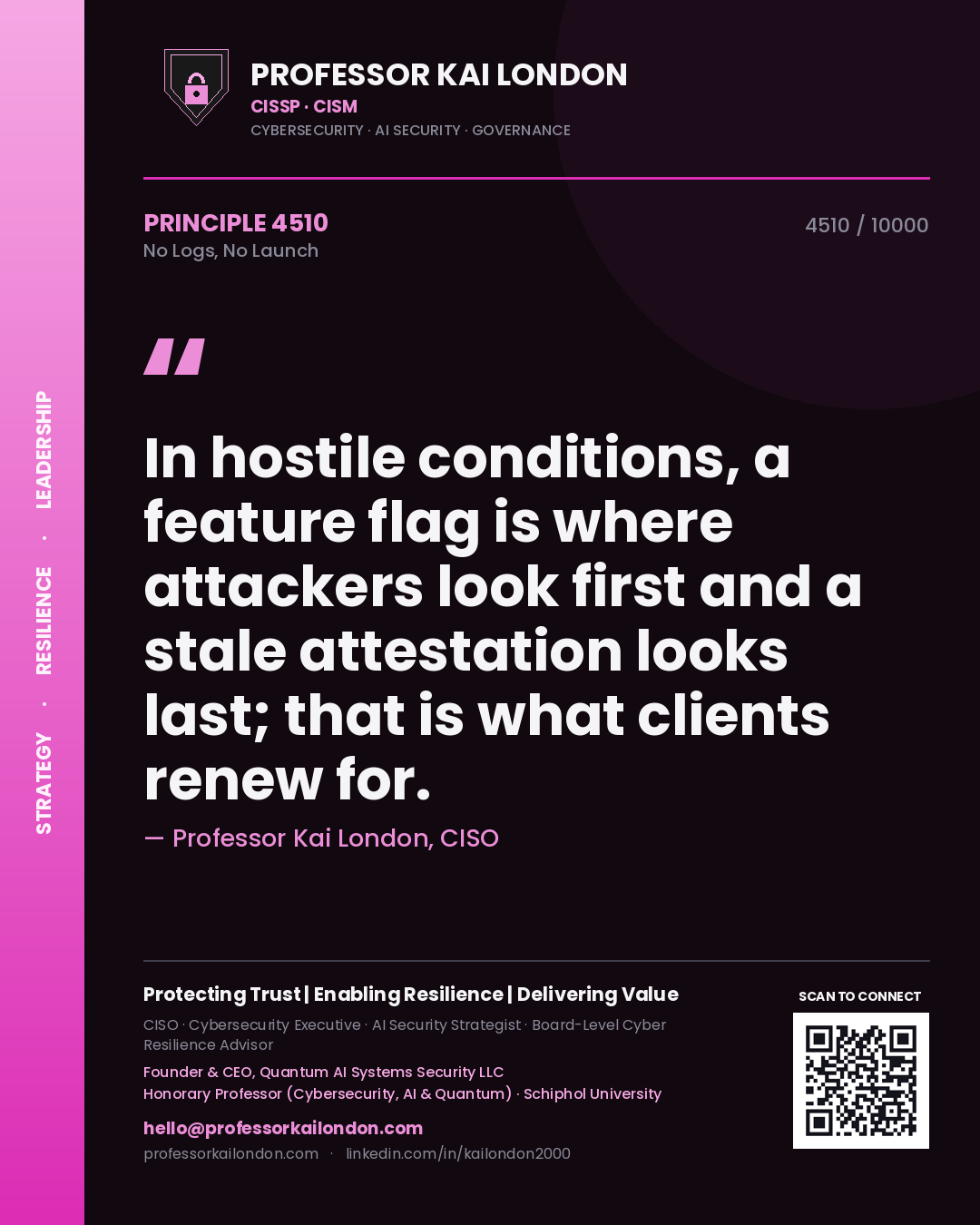 Quote card by Professor Kai London reading 'In hostile conditions, a feature flag is where attackers look first and a stale attestation looks last; that is what clients renew for.'. From the book No Logs, No Launch.