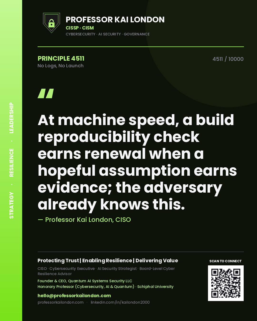 Quote card by Professor Kai London reading 'At machine speed, a build reproducibility check earns renewal when a hopeful assumption earns evidence; the adversary already knows this.'. From the book No Logs, No Launch.