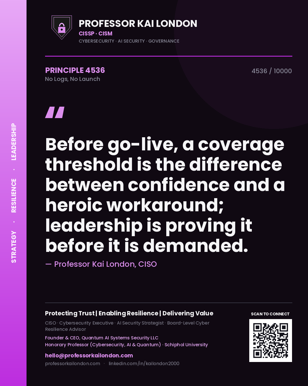 Quote card by Professor Kai London reading 'Before go-live, a coverage threshold is the difference between confidence and a heroic workaround; leadership is proving it before it is demanded.'. From the book No Logs, No Launch.