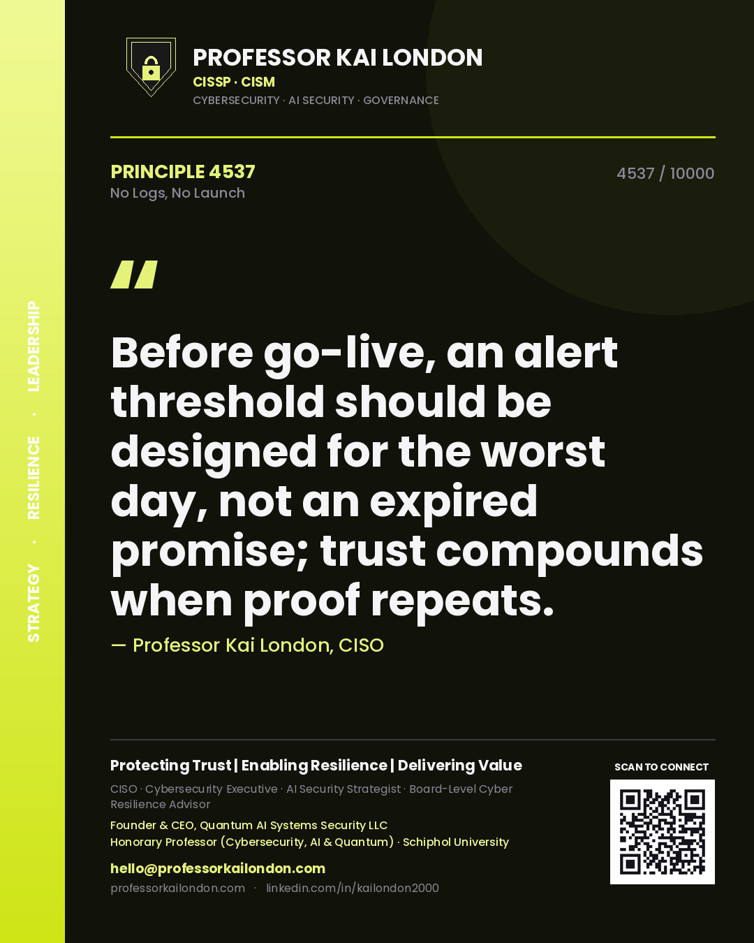 Professor Kai London principle 4537: Before go-live, an alert threshold should be designed for the worst day, not an expired promise; trust compounds when proof repeats.