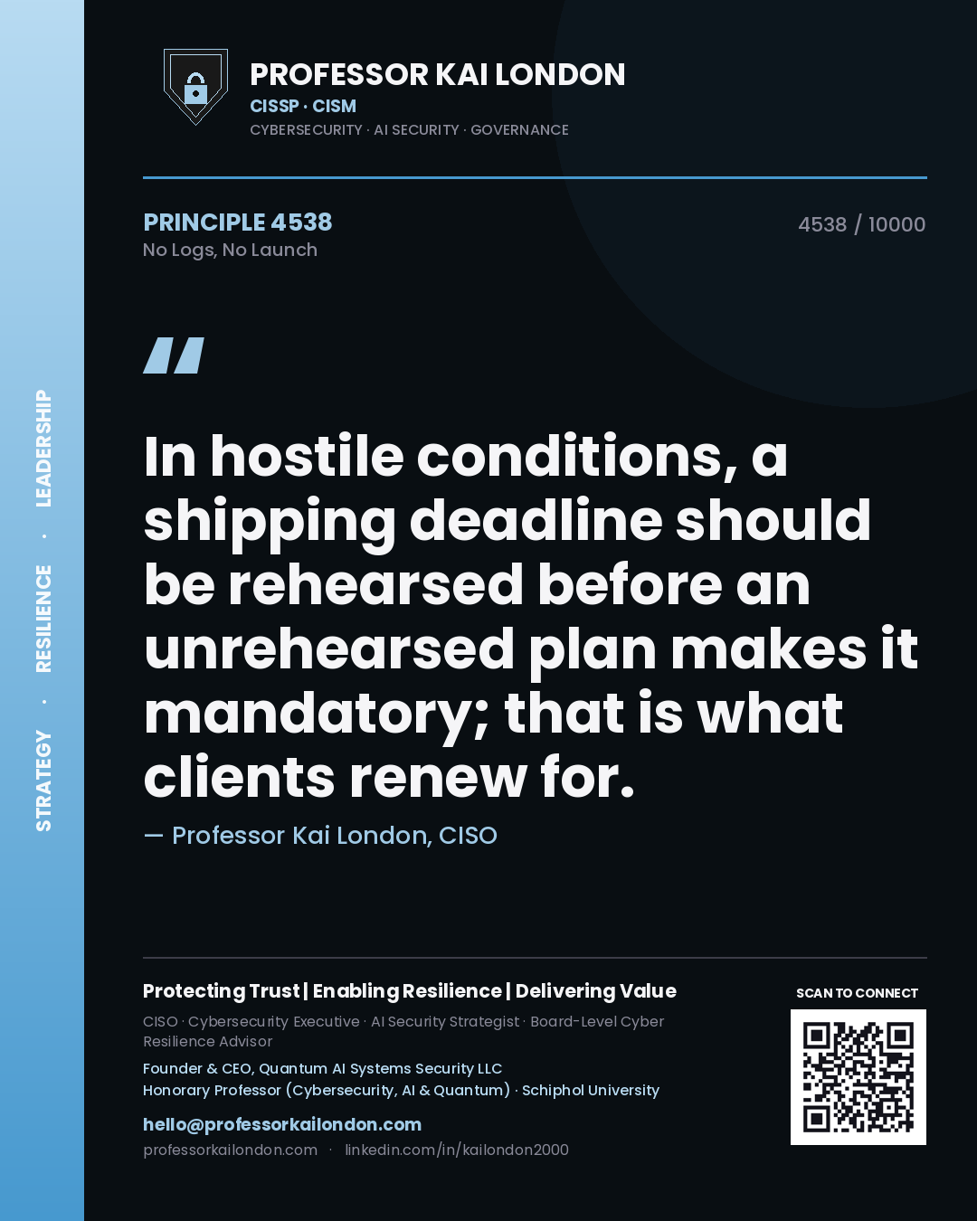 Professor Kai London principle 4538: In hostile conditions, a shipping deadline should be rehearsed before an unrehearsed plan makes it mandatory; that is what clients renew for.
