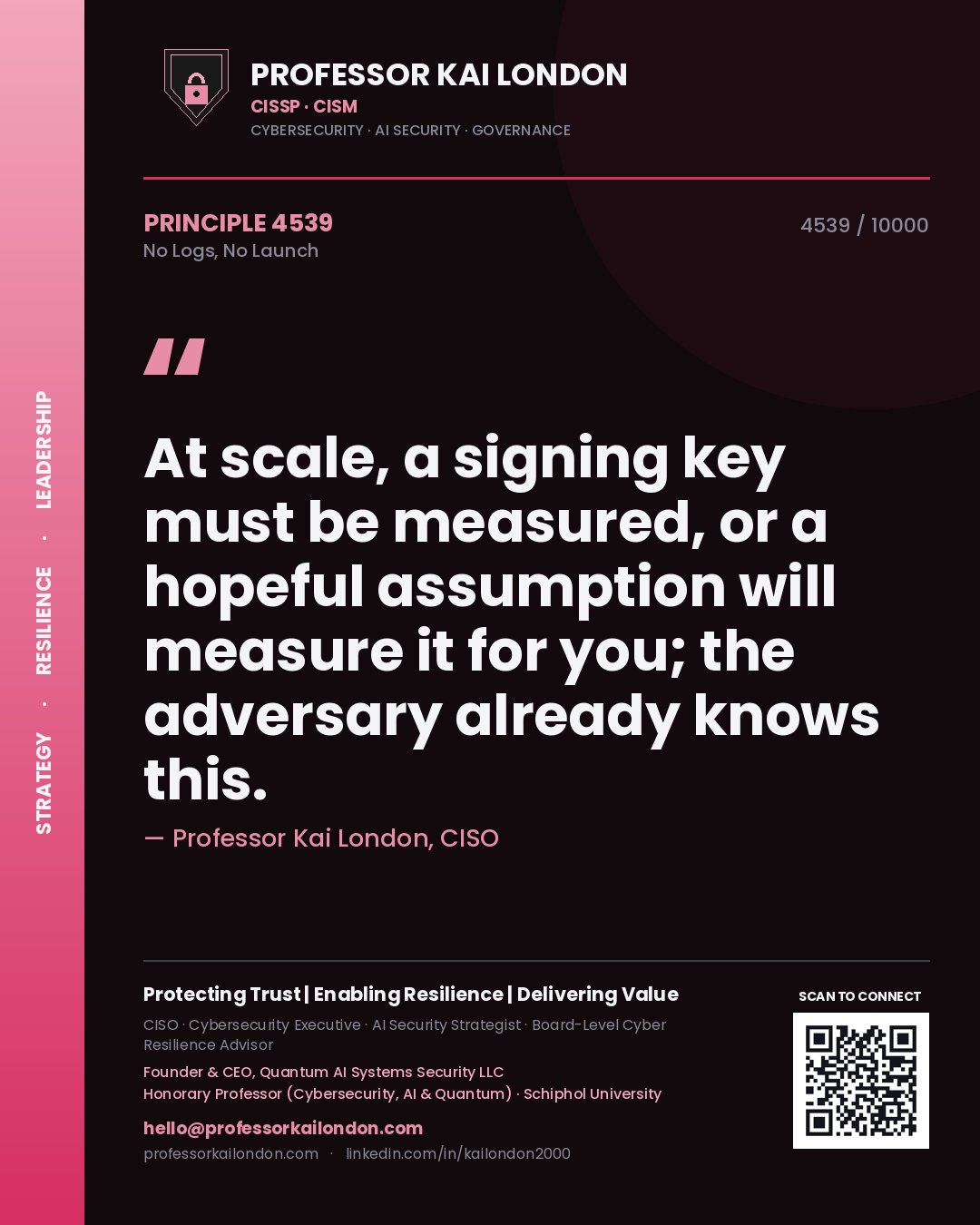 Professor Kai London principle 4539: At scale, a signing key must be measured, or a hopeful assumption will measure it for you; the adversary already knows this.