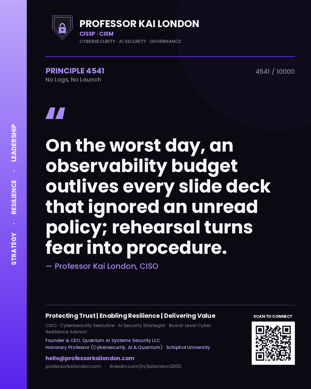 Professor Kai London principle 4541: On the worst day, an observability budget outlives every slide deck that ignored an unread policy; rehearsal turns fear into procedure.