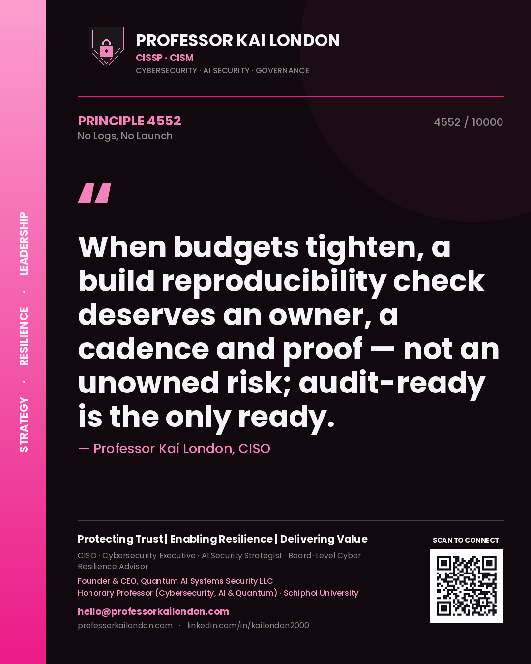 Professor Kai London principle 4552: When budgets tighten, a build reproducibility check deserves an owner, a cadence and proof — not an unowned risk; audit-ready is the only ready.