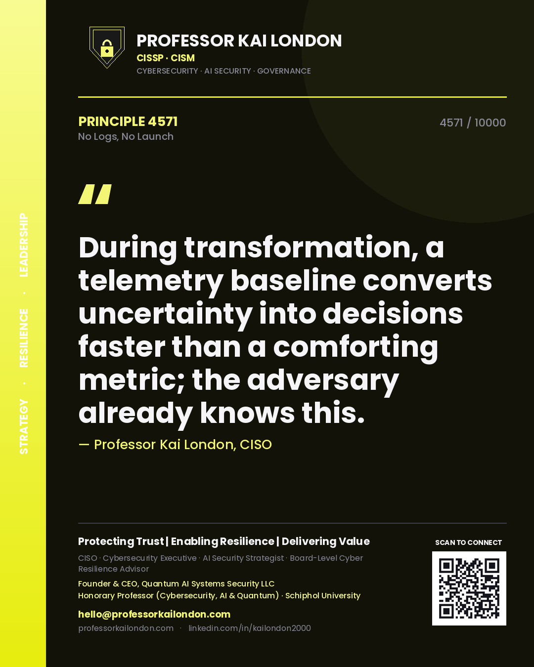 Quote card by Professor Kai London reading 'During transformation, a telemetry baseline converts uncertainty into decisions faster than a comforting metric; the adversary already knows this.'. From the book No Logs, No Launch.