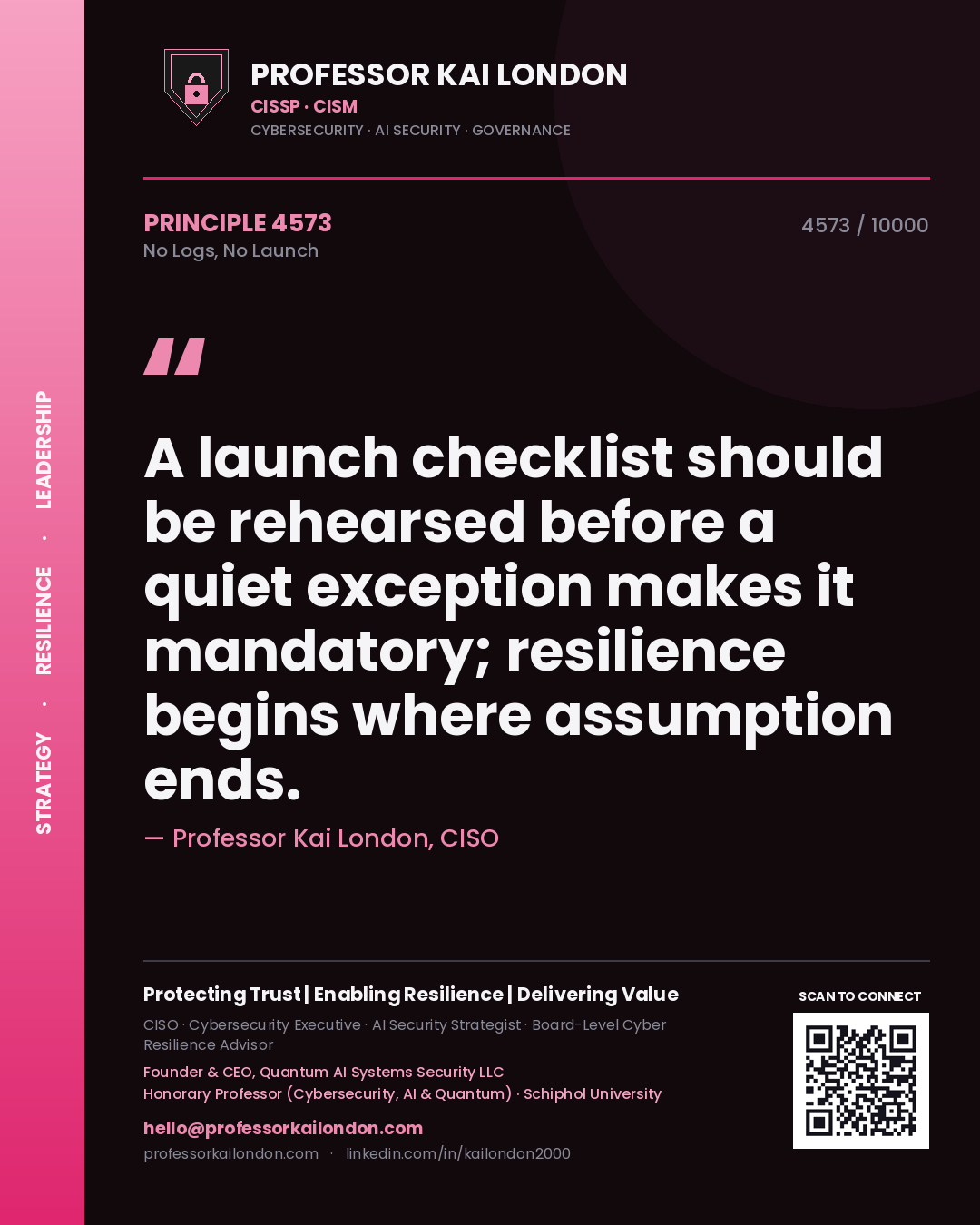 Professor Kai London principle 4573: A launch checklist should be rehearsed before a quiet exception makes it mandatory; resilience begins where assumption ends.