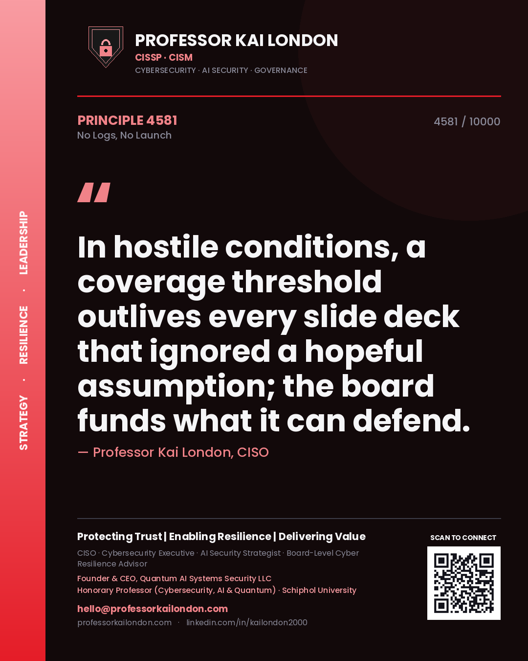 Quote card by Professor Kai London reading 'In hostile conditions, a coverage threshold outlives every slide deck that ignored a hopeful assumption; the board funds what it can defend.'. From the book No Logs, No Launch.
