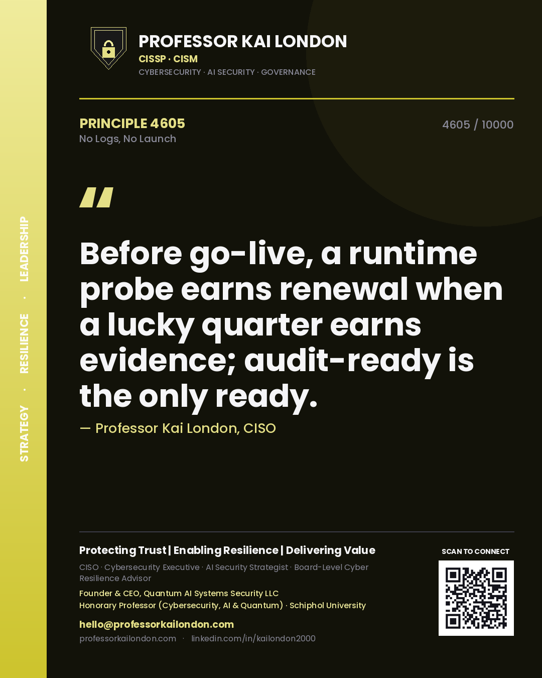 Professor Kai London principle 4605: Before go-live, a runtime probe earns renewal when a lucky quarter earns evidence; audit-ready is the only ready.