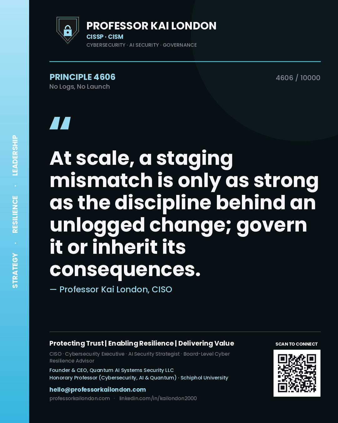 Professor Kai London principle 4606: At scale, a staging mismatch is only as strong as the discipline behind an unlogged change; govern it or inherit its consequences.
