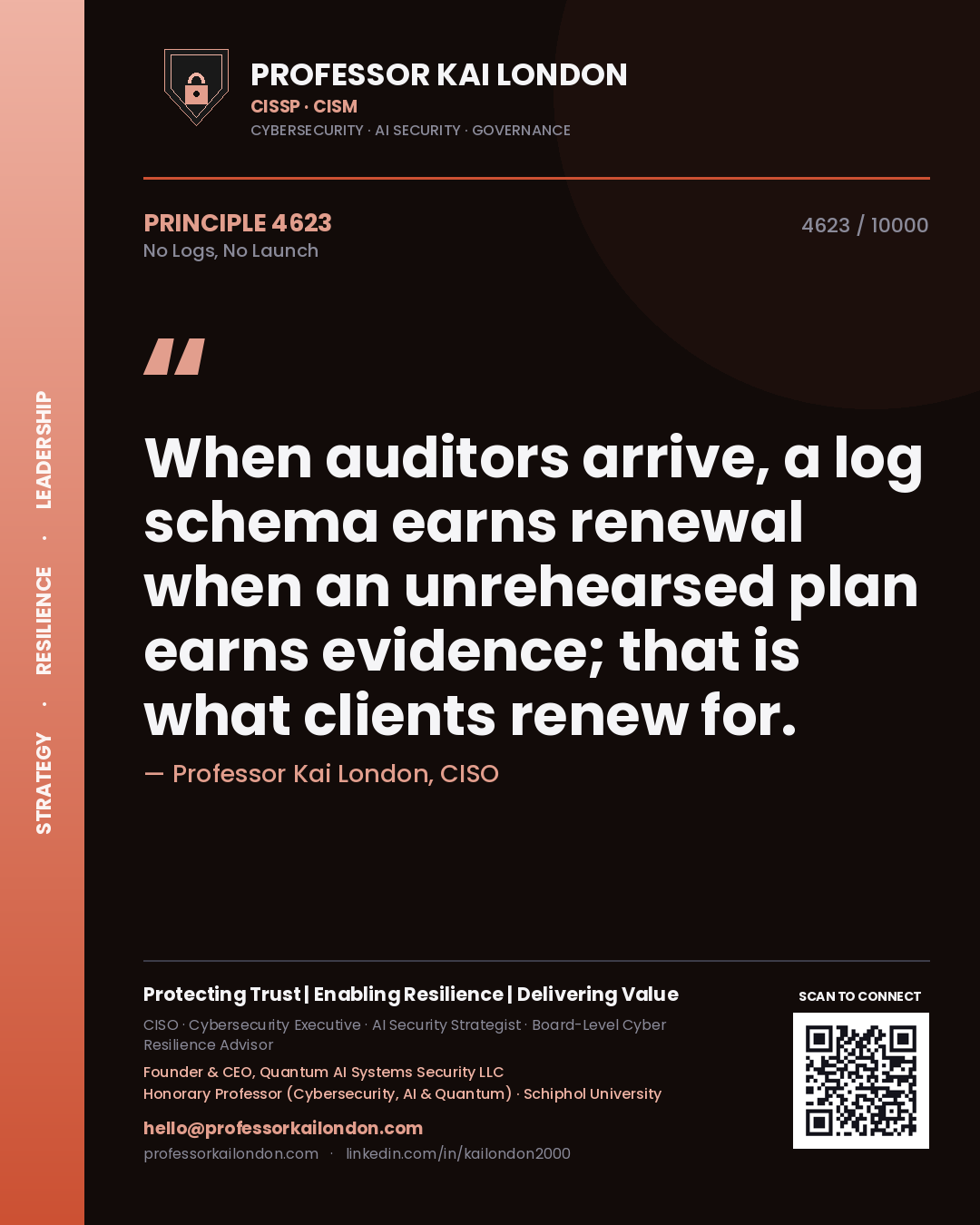 Quote card by Professor Kai London reading 'When auditors arrive, a log schema earns renewal when an unrehearsed plan earns evidence; that is what clients renew for.'. From the book No Logs, No Launch.